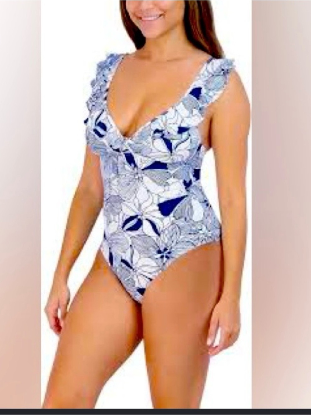 Stella Parker one-piece swimsuit blue and white floral print size large